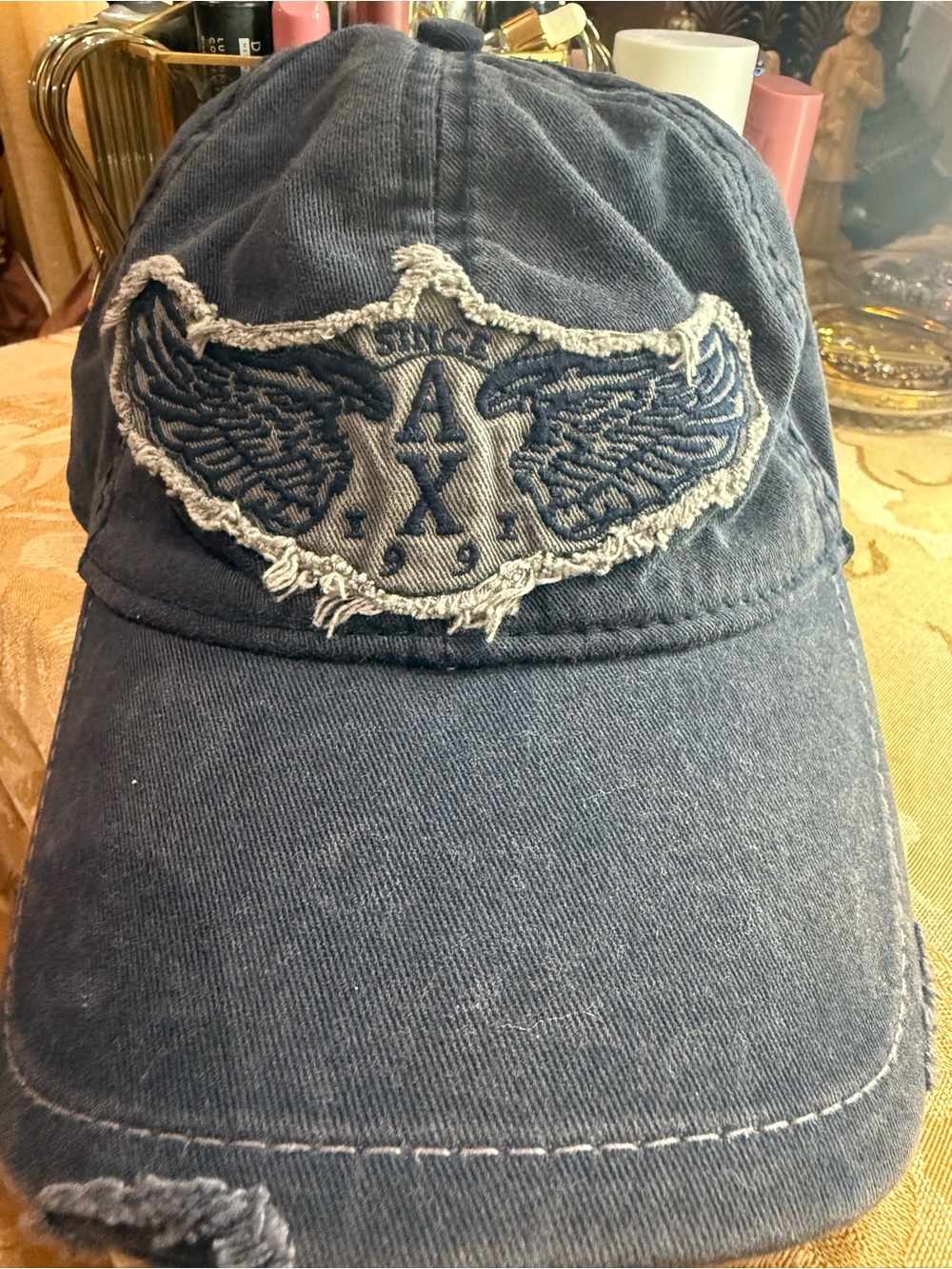 Armani Exchange Navy Blue Distressed Baseball Cap with Wing Emblem
